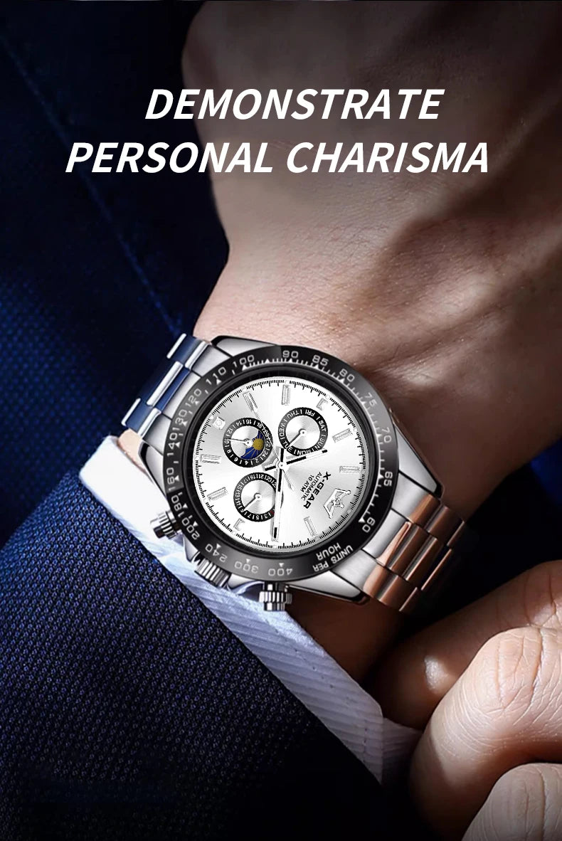 New Luxury Men's Watch – Automatic Mechanical Triple Sub-Dial Six-Hand Water-Resistant Luminous Stainless Steel Wristwatc