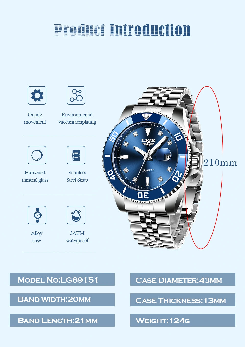 LIGE Men Top Brand Luxury Watch Fashion Diver 30ATM Waterproof Wristwatch Date Clock Sport Quartz Watches Mens Relogio Masculino
