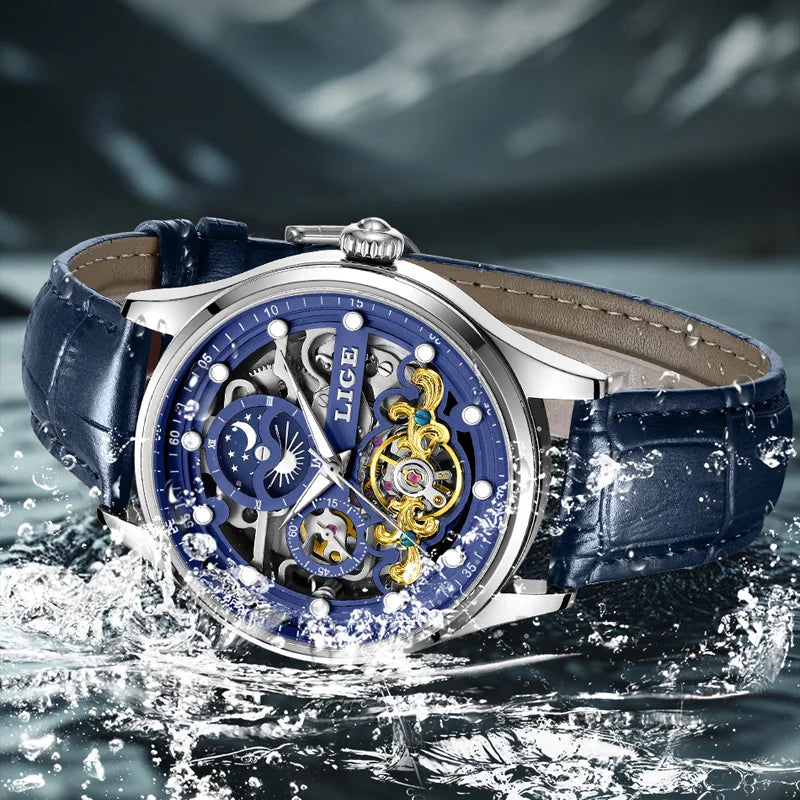 Reloj Hombre Watches Mens LIGE Top Brand Luxury Skeleton Tourbillon Automatic Mechanical Watch for Men Waterproof+Watch Box