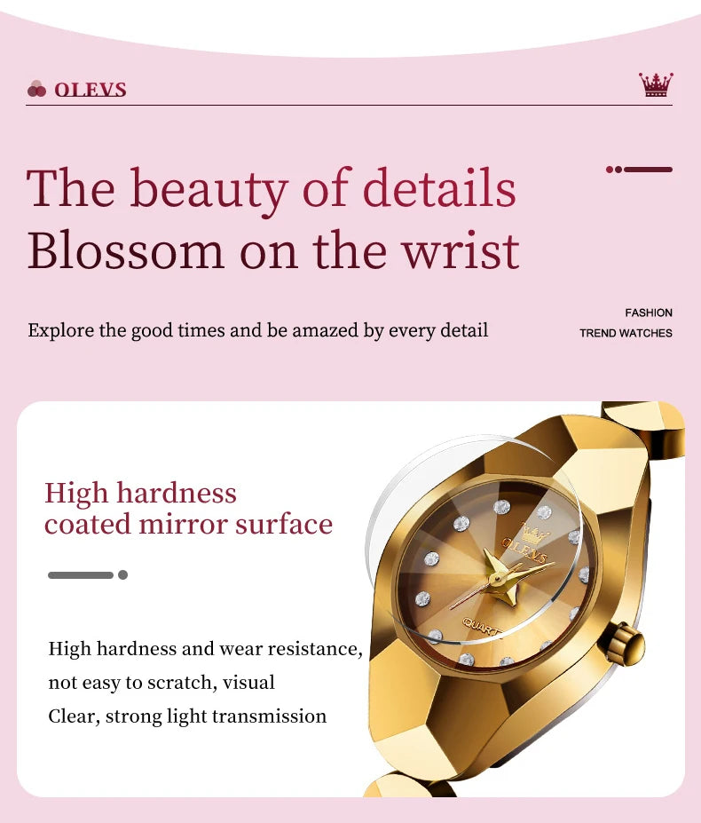 OLEVS 7007 Ladies Watches Original Quartz Wristwatch Rhombus Mirror Diamond Scale Tungsten Steel Watch for Women Bracelet Set