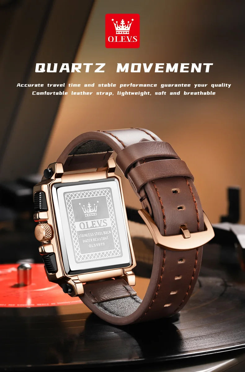OLEVS 9919 Men Watch Fashion Square Dial Leather Strap Chronograph Waterproof Sports Clock Luxury Original Quartz Wristwatch Man