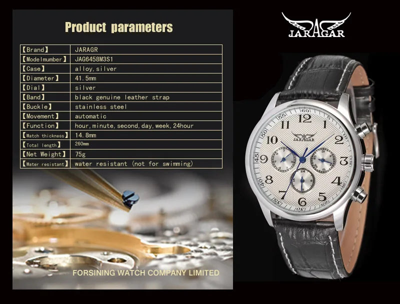 JARAGAR Luxury Replica Six Hands Multifunctional Automatic Man Watches Leather Elegant Mechanical Waterproof Male Wrist Clock