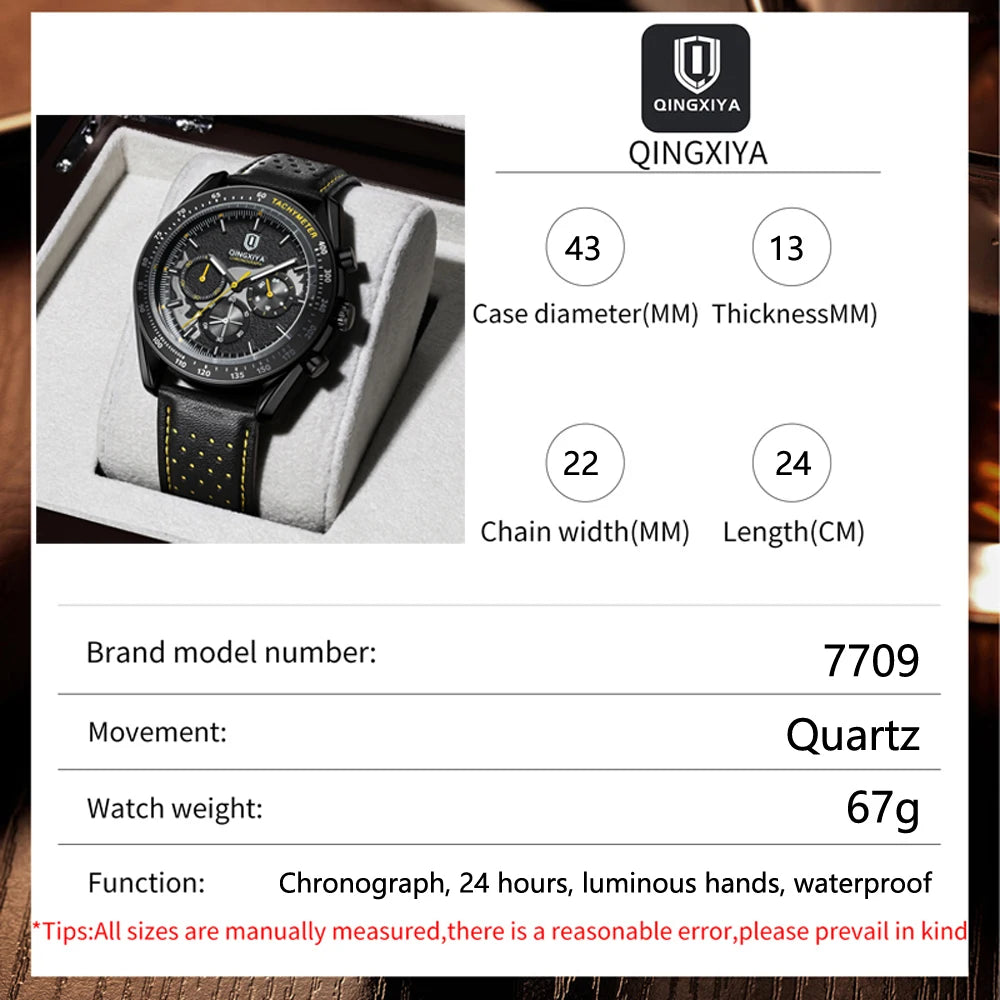 QINGXIYA New Men's Quartz Watches Top Brand Luxury Chronograph Watch Sport Leather Strap Strap Waterproof 24 Hours Male Clock