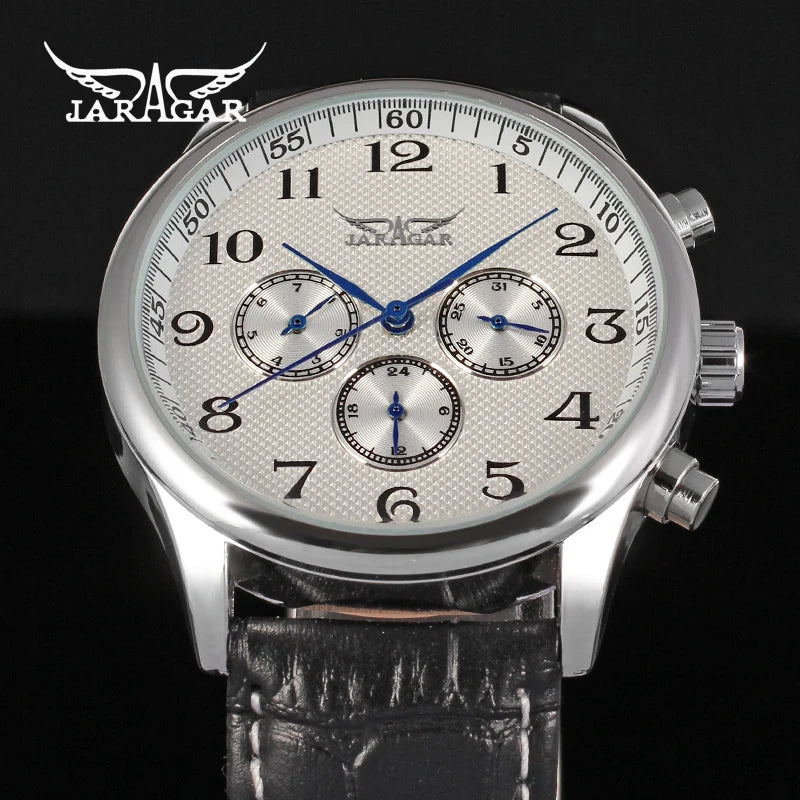 JARAGAR Luxury Replica Six Hands Multifunctional Automatic Man Watches Leather Elegant Mechanical Waterproof Male Wrist Clock