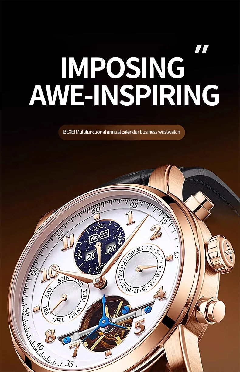 BEXEI 2025 Perpetual Calendar Automatic Watch Waterproof Mens Watches Top Brand Luxury Tourbillon Mechanical Watches for Man