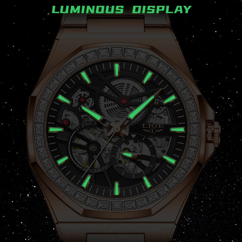 LIGE New Luxury Rose Gold Waterproof Watches For Men Casual Business Watch Men Luminous Automatic Men's Mechanical Wristwatch