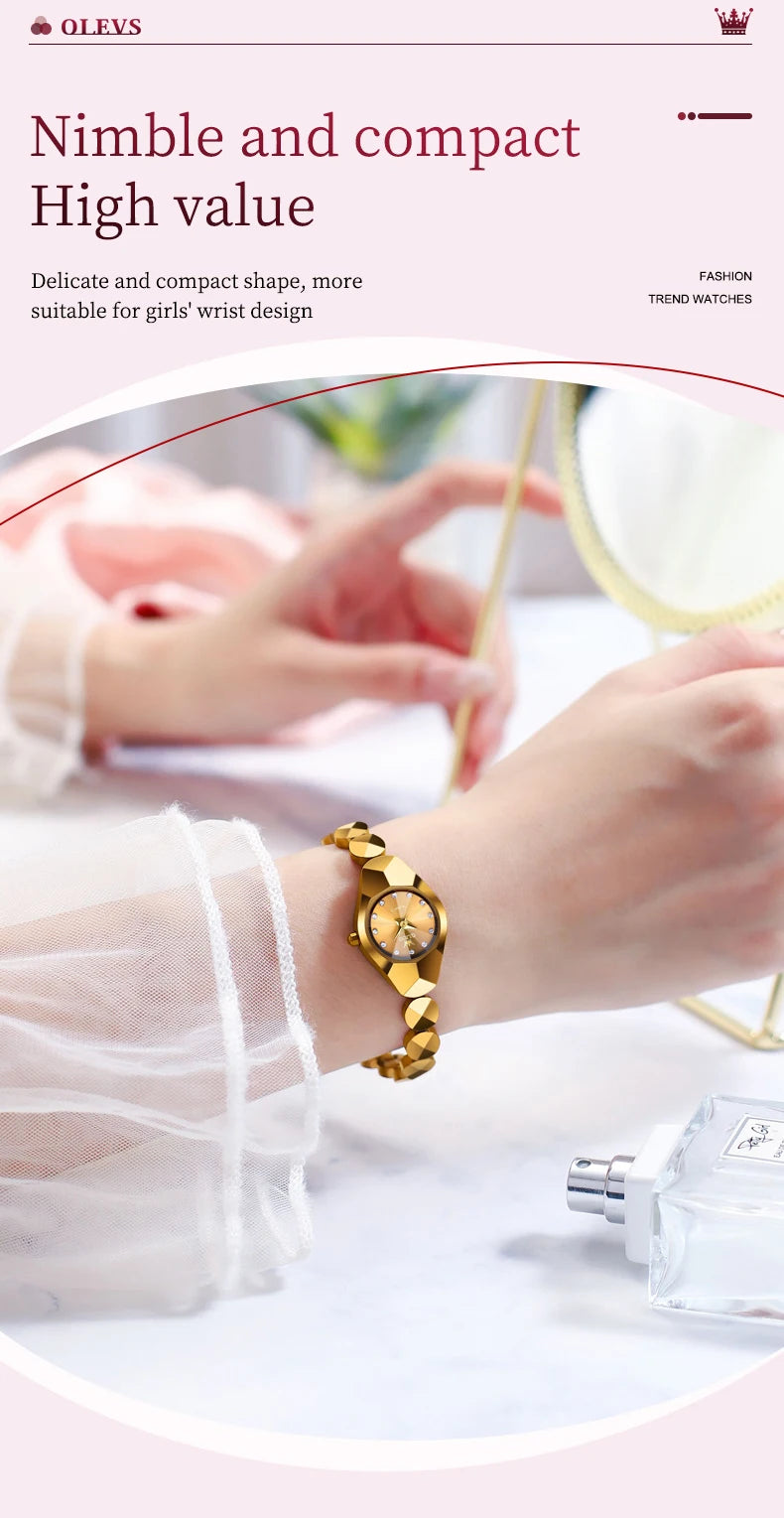 OLEVS 7007 Ladies Watches Original Quartz Wristwatch Rhombus Mirror Diamond Scale Tungsten Steel Watch for Women Bracelet Set
