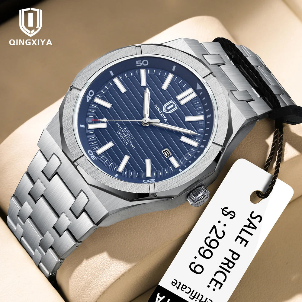 QINGXIYA Mens Watch Top Brand Luxury Auto Date Quartz Watch for Men Stainless Steel Waterproof Wrist Watches relogio masculino