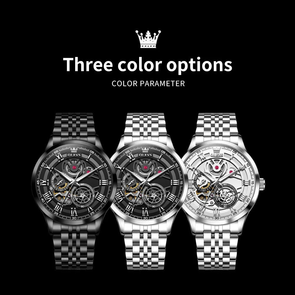 OLEVS 7076 Mechanical Watch for Men Waterproof Skeleton Chronograph Sports Fashion Wristwatch Man Hand Clock