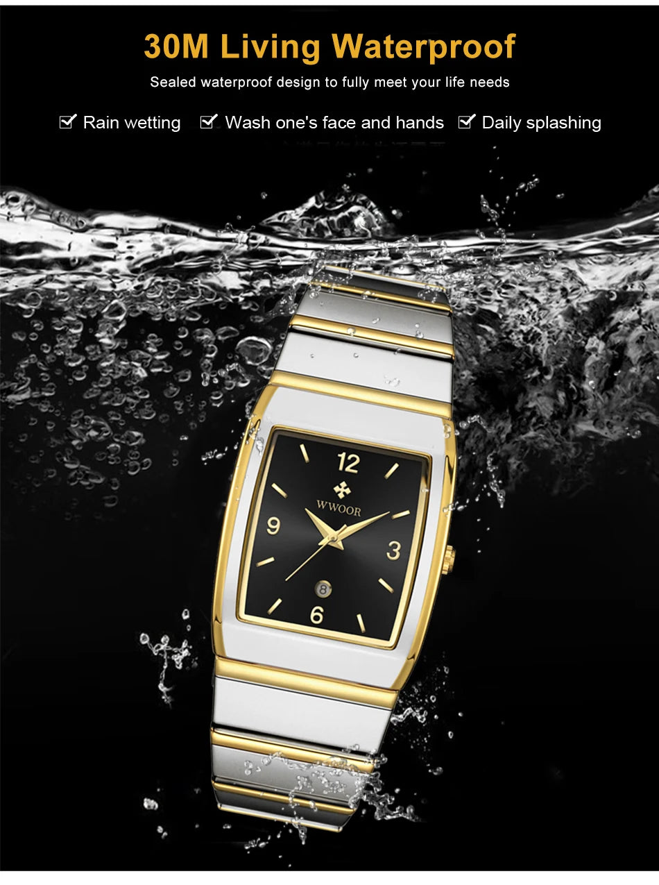 Relogio Masculino WWOOR New Man's Square Watch For Men with Automatic Date Luxury Stainless Steel Gold Mens Quartz Wrist Watches