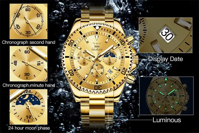 OLEVS Men's Watches Top Brand Luxury Watch for Men Original Waterproof Stainless Steel Chronograph Moon Phase Date Rota Dial