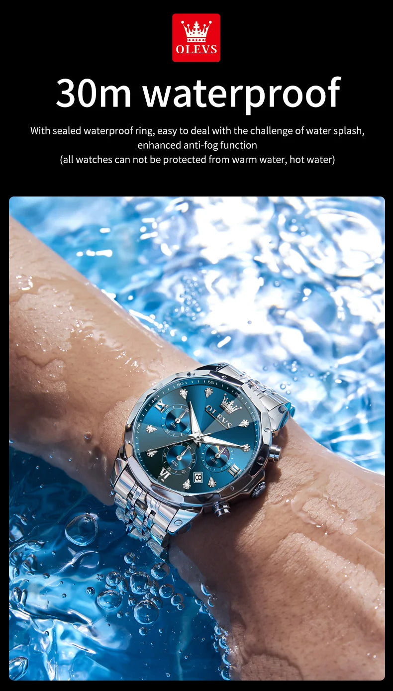 OLEVS 3670 Men's Watches Solid Steel Strap Rhombus Mirror 24Hour Moon Phase Waterproof Luminous Chronograph Quartz Watch for Men