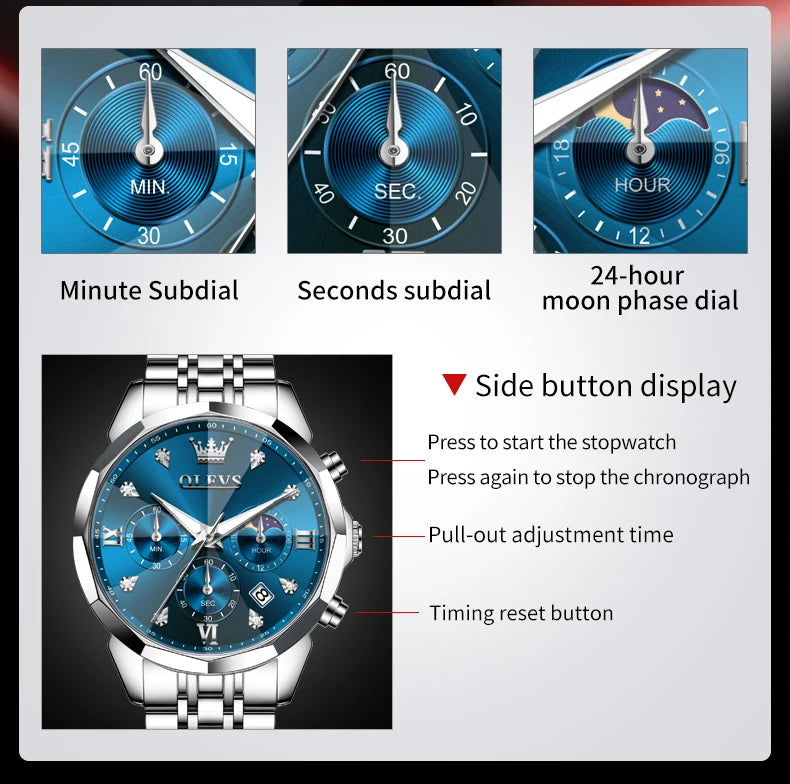 OLEVS 3670 Men's Watches Solid Steel Strap Rhombus Mirror 24Hour Moon Phase Waterproof Luminous Chronograph Quartz Watch for Men