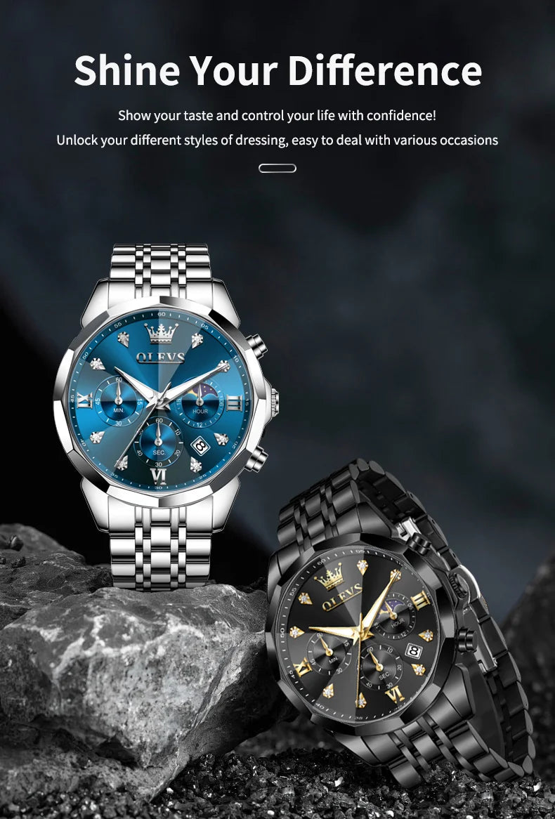 OLEVS 3670 Men's Watches Solid Steel Strap Rhombus Mirror 24Hour Moon Phase Waterproof Luminous Chronograph Quartz Watch for Men