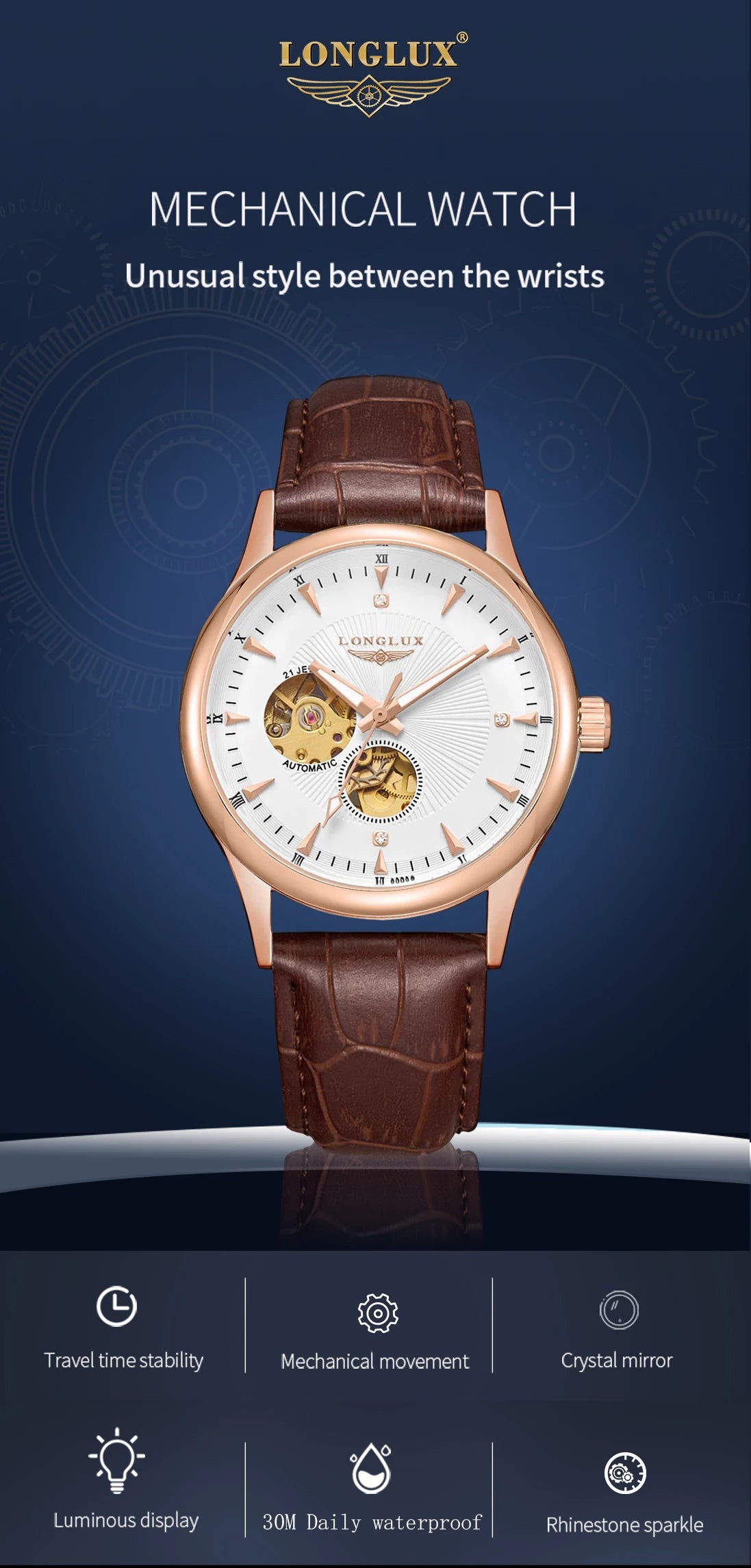 Automatic watch elegant skeleton waterproof mechanical watches leather simple rome mens watch men gift