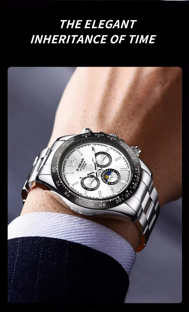 New Luxury Men's Watch – Automatic Mechanical Triple Sub-Dial Six-Hand Water-Resistant Luminous Stainless Steel Wristwatc