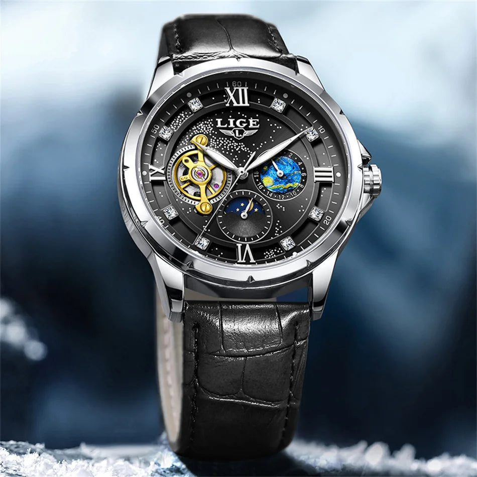LIGE Top Luxury Mechanical Watches Men Fashion Diamonds Automatic Mens Watch 30M Waterproof Luminous Wristwatch Male Reloj 2026