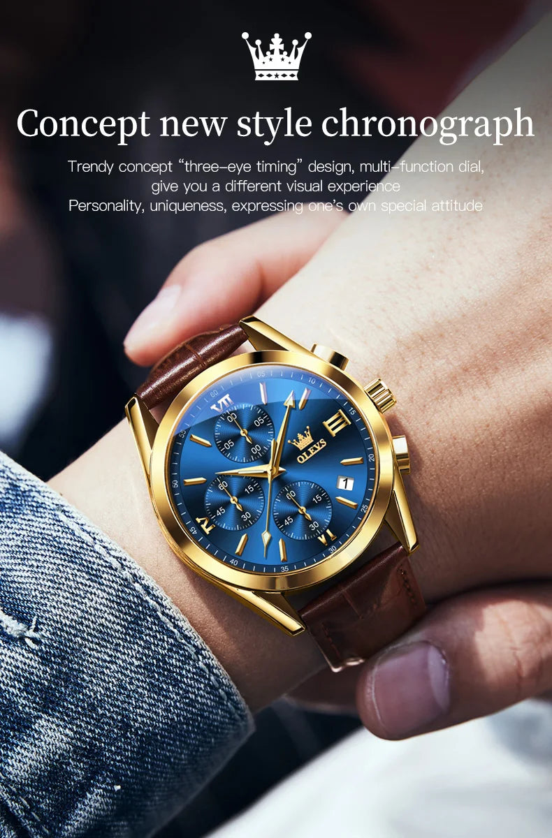 OLEVS 2872 Chronograph Men's Wristwatches Leather Strap Waterproof Luminous Original Quartz Watch for Men Luxury Sport Man Watch