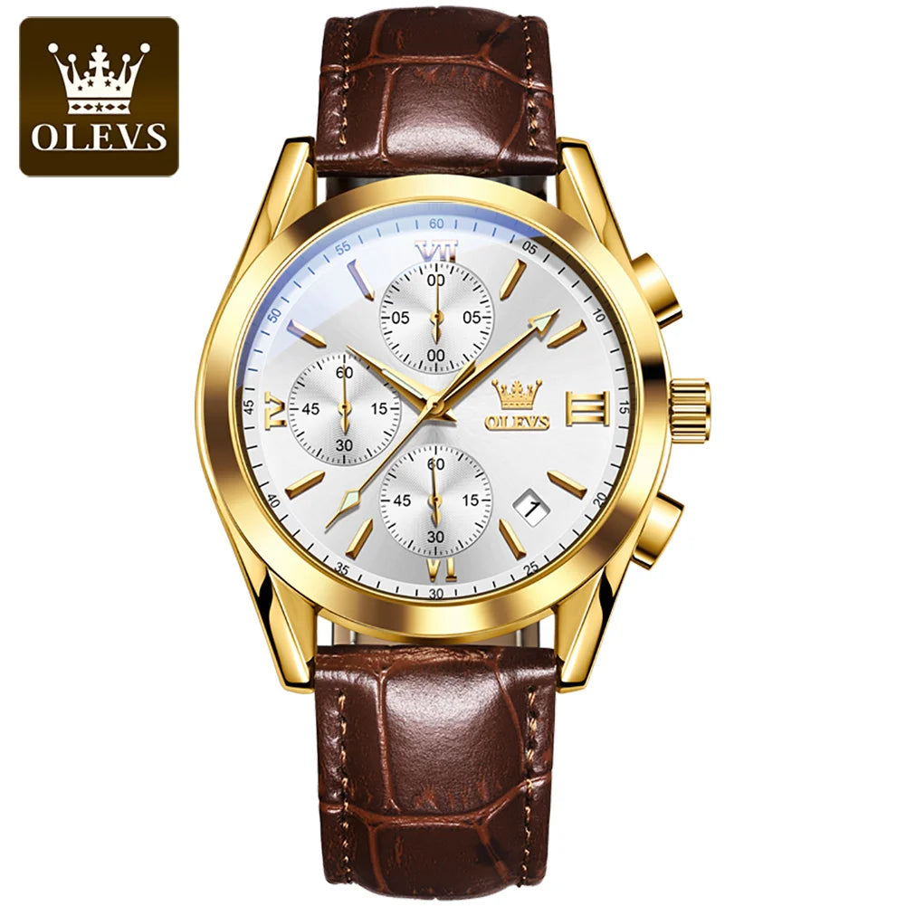 OLEVS 2872 Chronograph Men's Wristwatches Leather Strap Waterproof Luminous Original Quartz Watch for Men Luxury Sport Man Watch