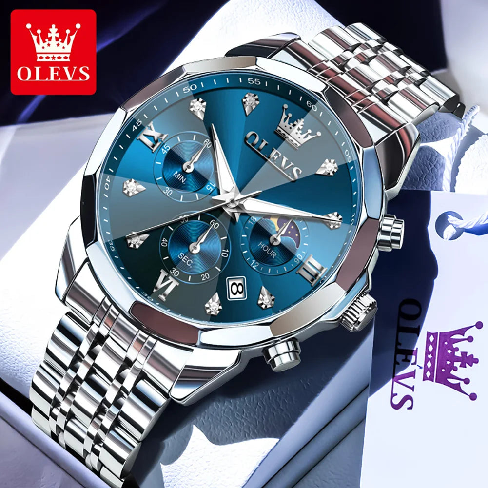 OLEVS 3670 Men's Watches Solid Steel Strap Rhombus Mirror 24Hour Moon Phase Waterproof Luminous Chronograph Quartz Watch for Men