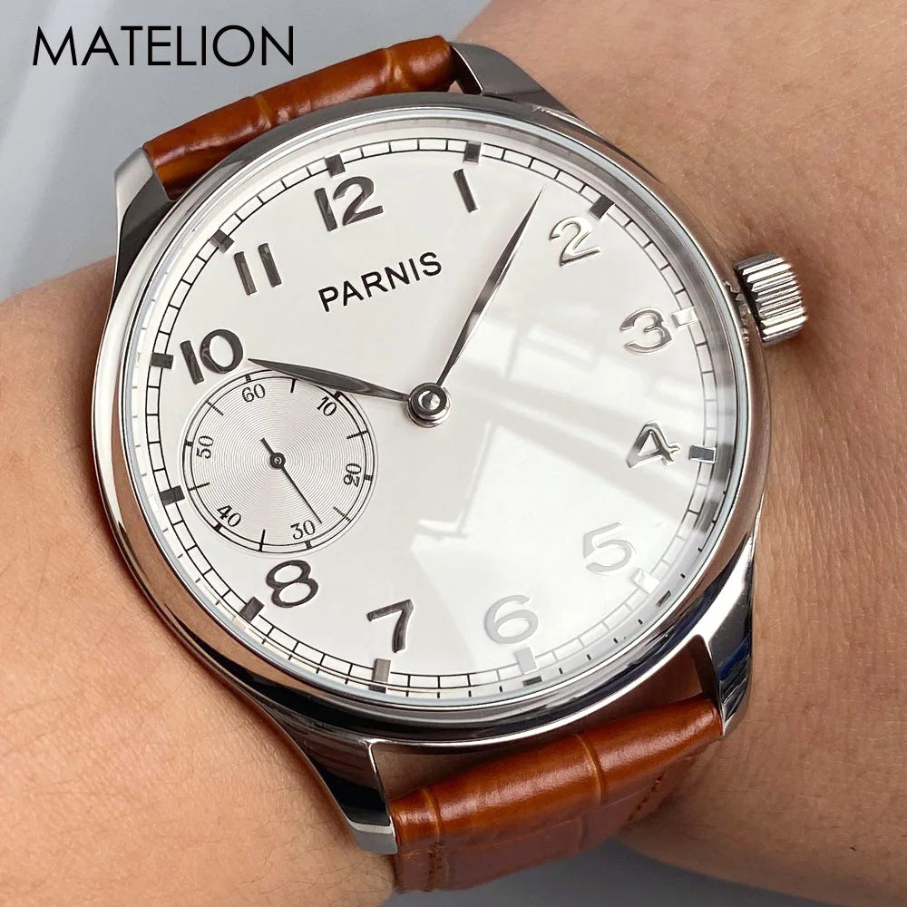 Retro Watch for Men Asia 6497 Hand Winding Movement Black White Mechanical Manual Winding Mineral Crystal 44mm Transparent Back