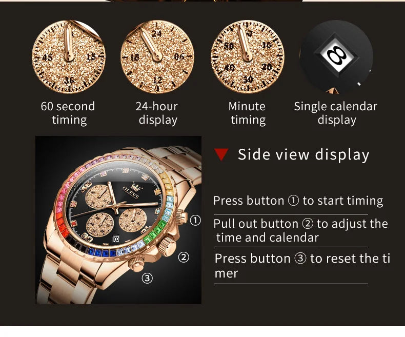 Watches For Men OLEVS Original Rainbow Gem Light Rose Gold Luxury Series Quartz Watch Waterproof Steel Strap Men's Watch New