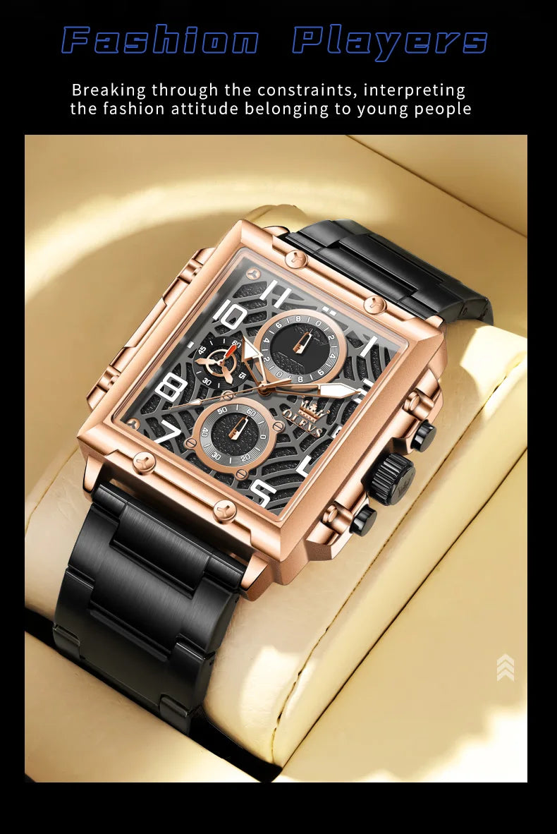 OLEVS 2958 Men Watch Fashion Business Square Quartz Watch Luxury Brand Waterproof Chronograph Formal Sports Men Watch Box Reloj