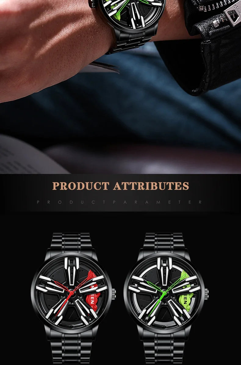 2025 New Racing Watches Men Custom Design Super Car Rim Watch Stainless Steel Black Retro Waterproof Watch Relogio Masculino