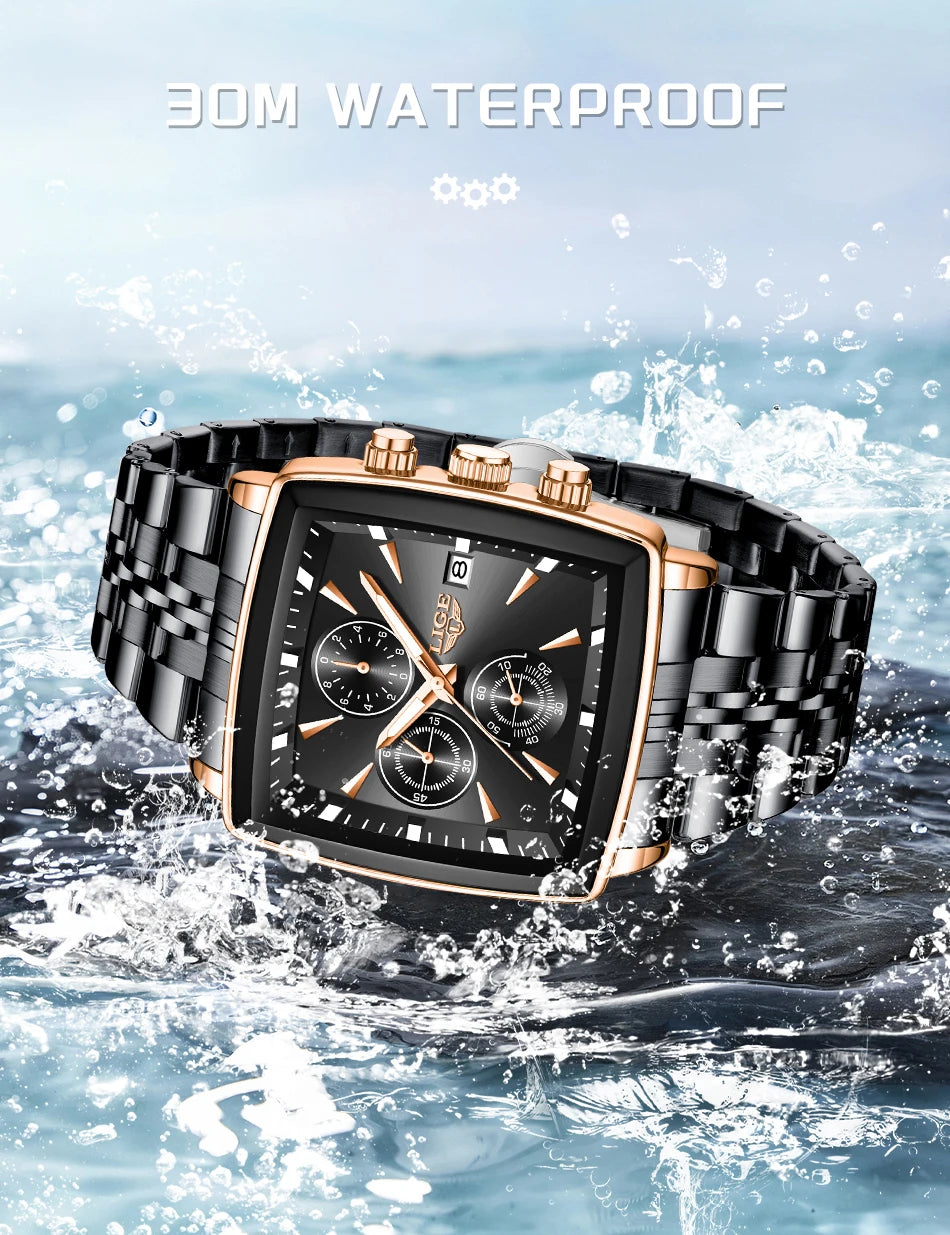LIGE Fashion Luxury  Watches for Men Square Dial Stainless Steel Waterproof Luminous Auto Date Chronograph Quartz Man Watch+Box