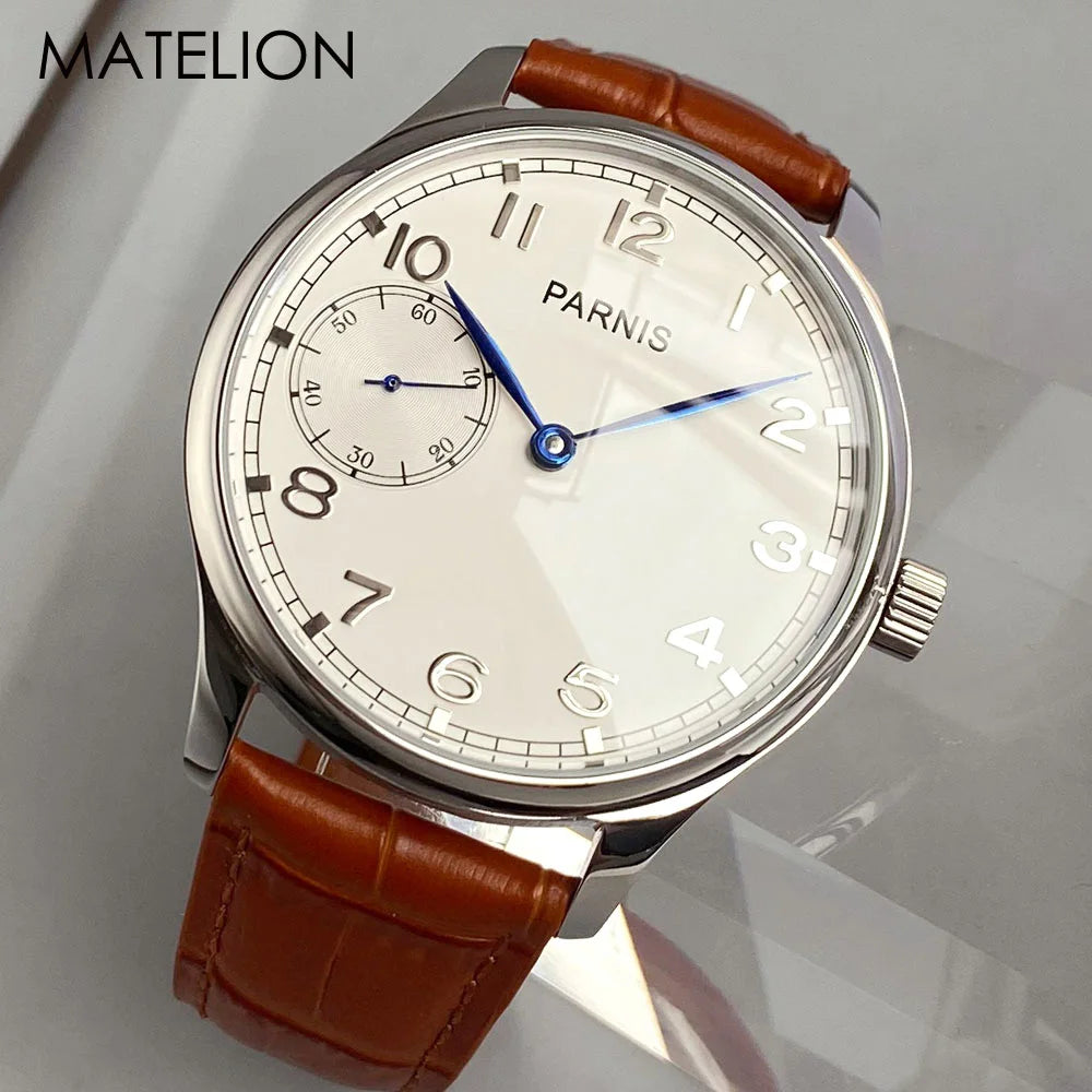 Retro Watch for Men Asia 6497 Hand Winding Movement Black White Mechanical Manual Winding Mineral Crystal 44mm Transparent Back