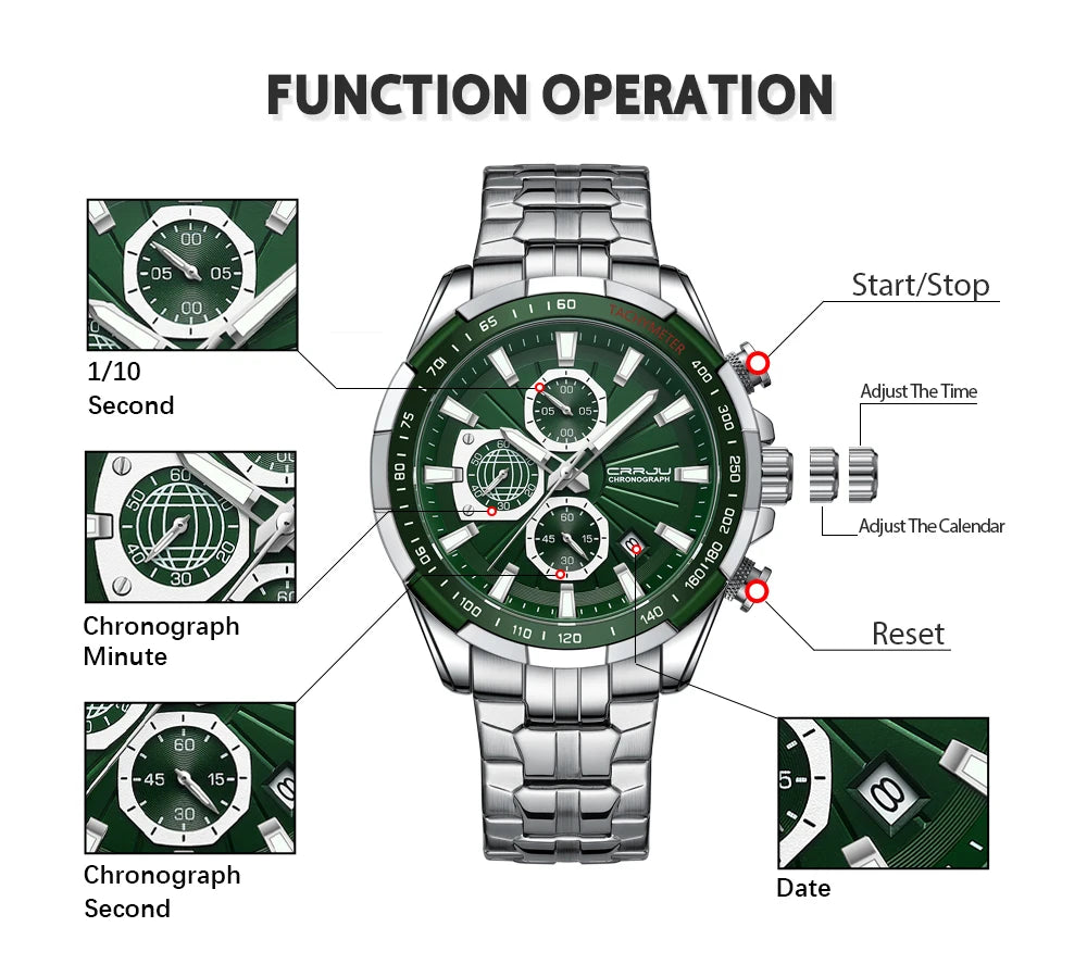 CRRJU Men's Watches Fashion Business Multifunction Quartz Chronograph with Auto Date and Luminous Hands Relogio Masculino