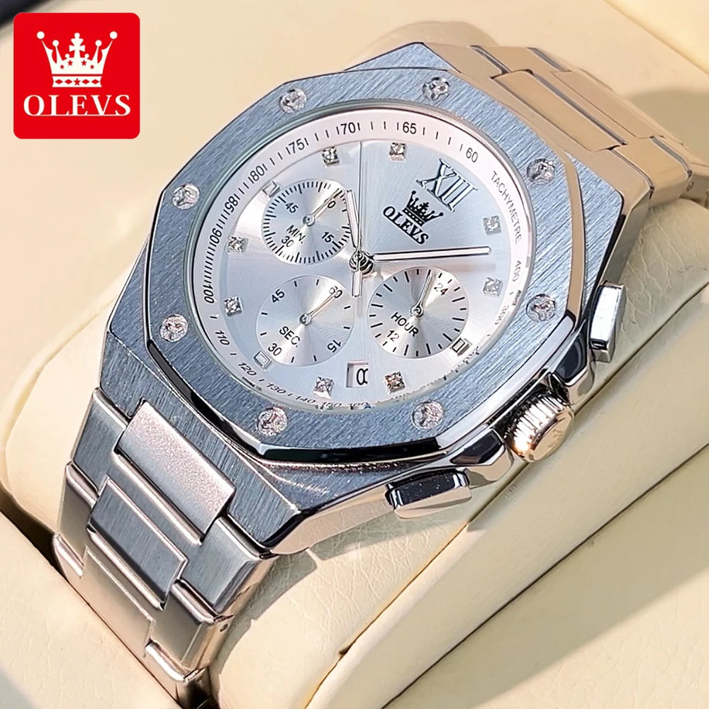 OLEVS Men's Watches Classic Luxury Top Brand Fine Steel Original Quartz Wristwatch for Man Waterproof Luminous Date Chronograph
