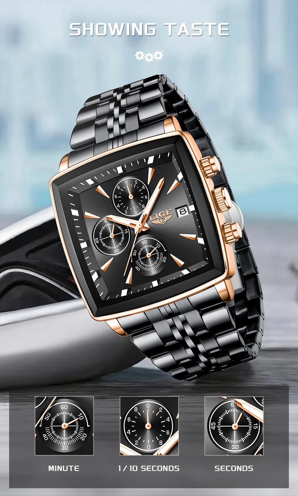 LIGE Fashion Luxury  Watches for Men Square Dial Stainless Steel Waterproof Luminous Auto Date Chronograph Quartz Man Watch+Box