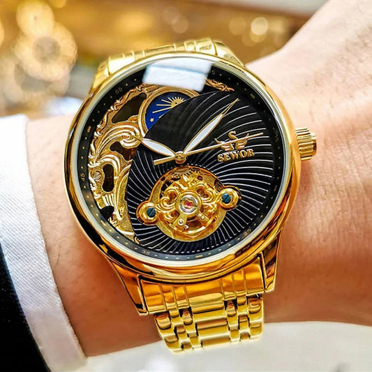 Royal Tourbillon Skeleton Watch for Men Gold Retro Automatic Mechanical Watches Stainless Steel Strap Luxury Brand Wristwatches