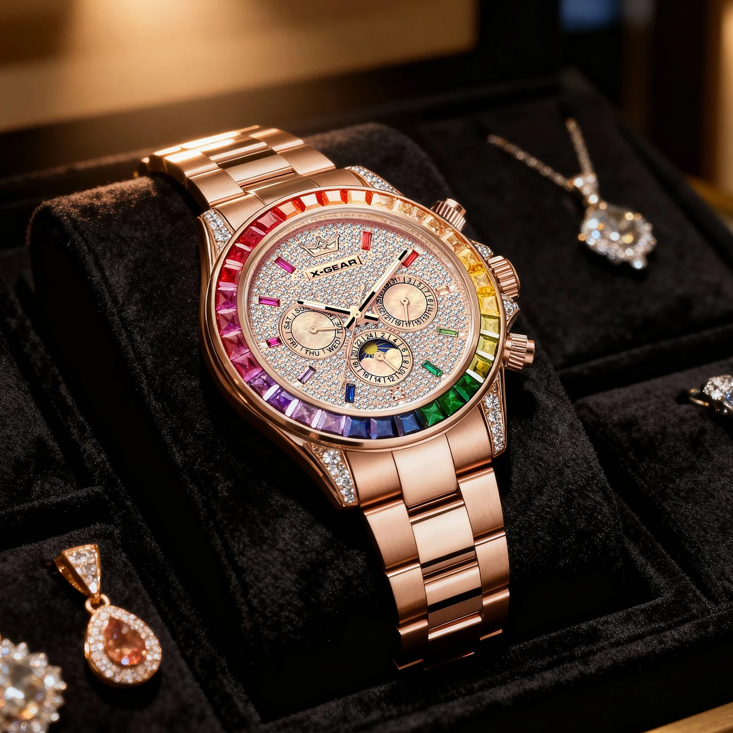 Luxury Men's Rose Gold Watch Colorful Gemstone Bezel 6-Pin Display Waterproof Mechanical Watch for Elegant Fashion