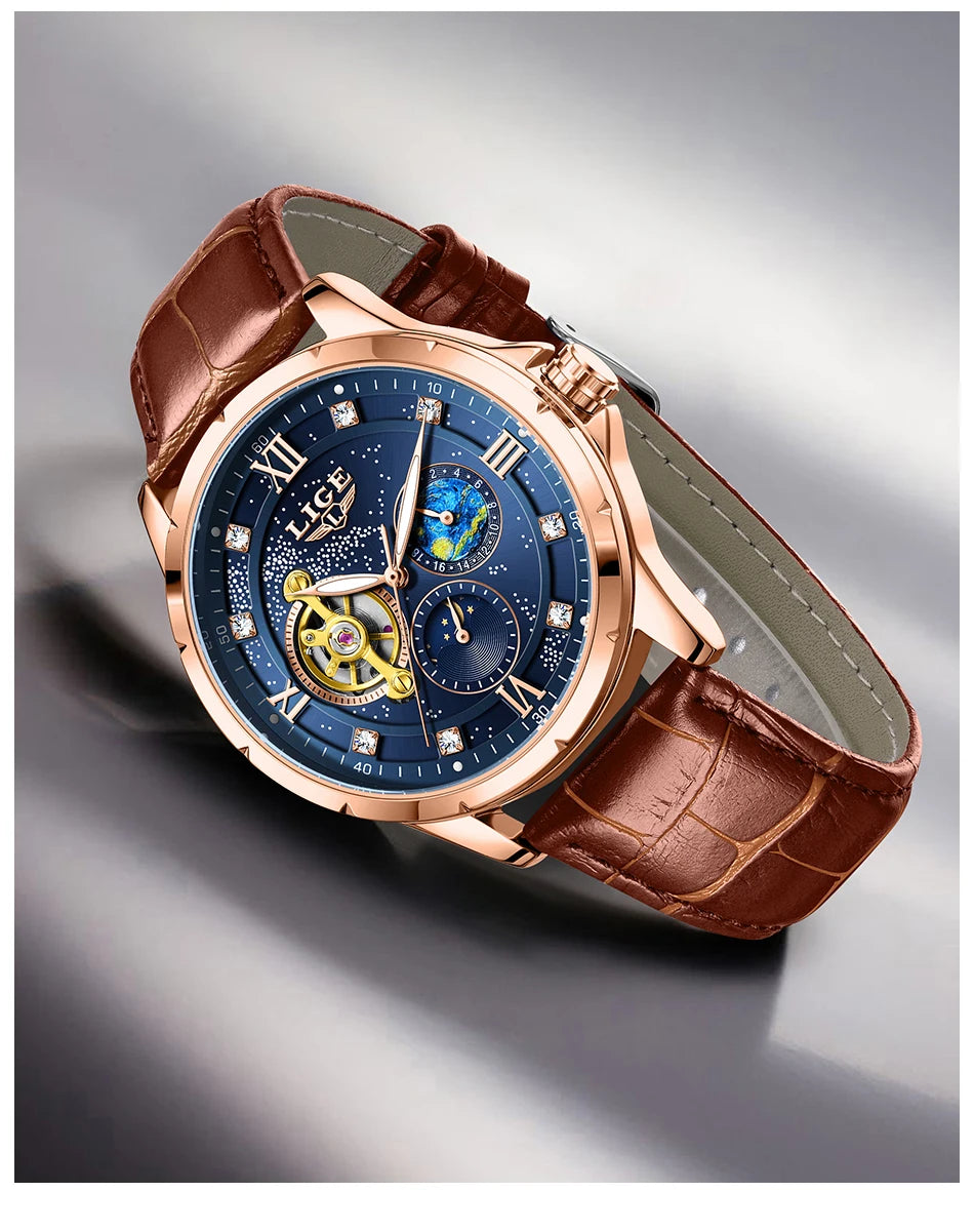 LIGE Top Luxury Mechanical Watches Men Fashion Diamonds Automatic Mens Watch 30M Waterproof Luminous Wristwatch Male Reloj 2026