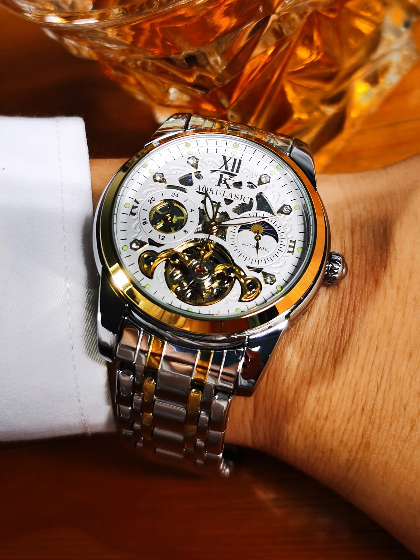 AOKULASIC Retro Tourbillon Mechanical Watch for Men Luminous Hands Business Automatic Mens Watches Top Brand Luxury Steel Strap