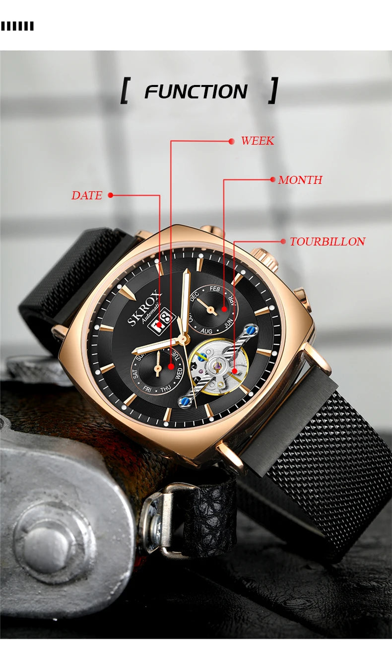 SKROX Square Tourbillon Automatic Movement Man Watch Mechanical Male Wristwatches Original Brand High-End Luxury Clockwork reloj