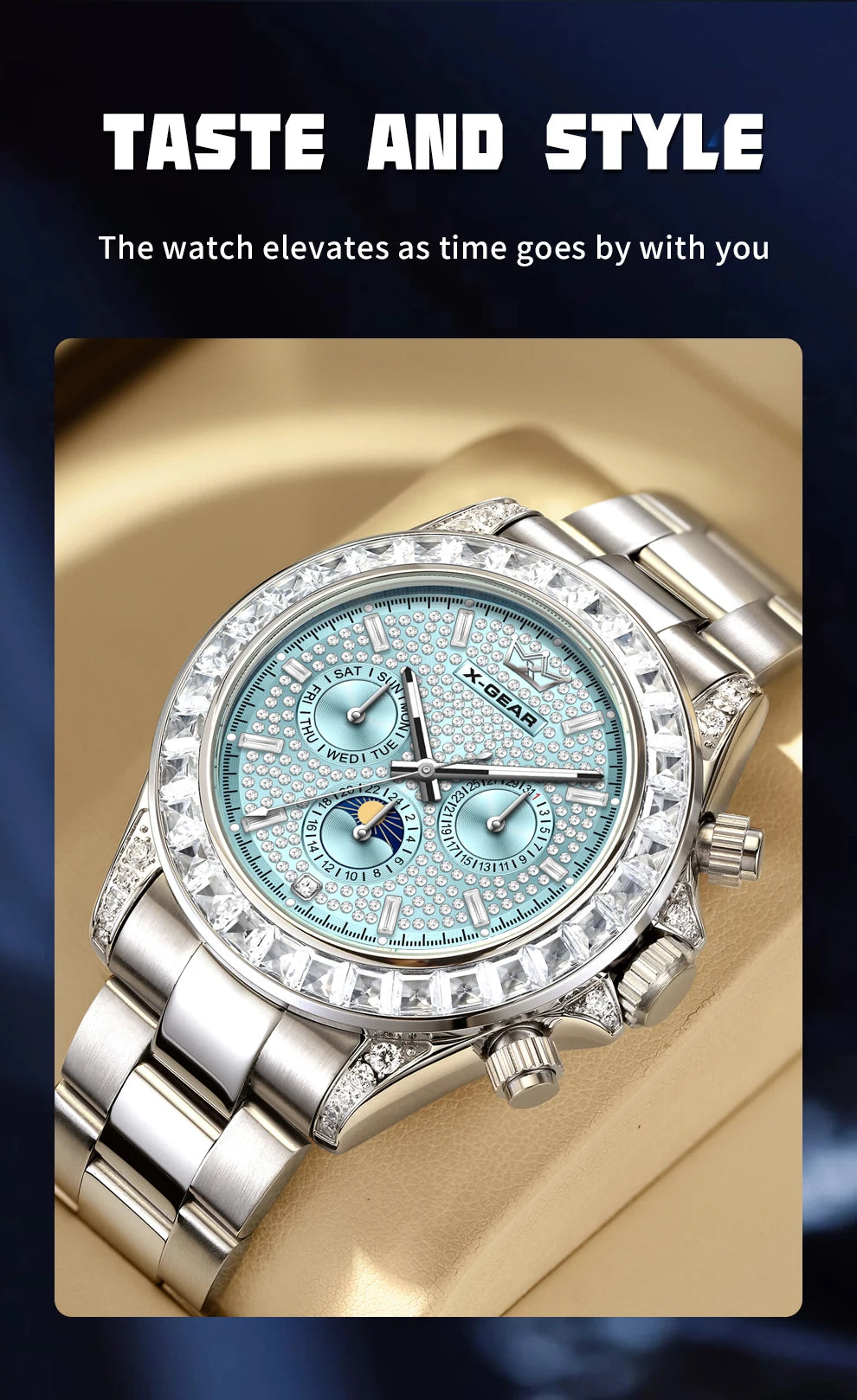 X-GEAR Men's Watch Automatic Mechanical with Diamond Dial Luminous Moon Phase Water-Resistant (Gift)