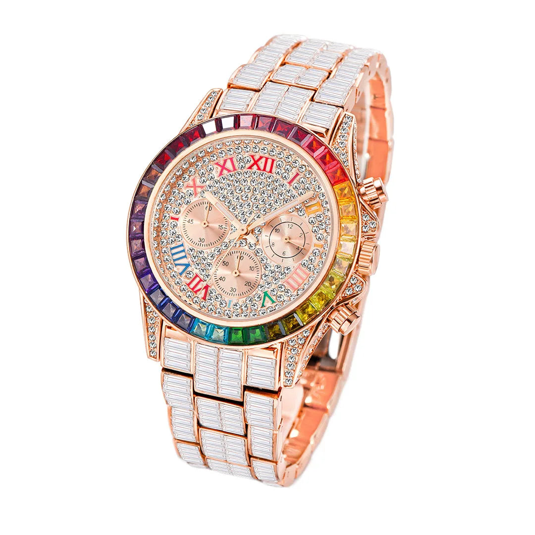Chronograph Men Quartz Watches Waterproof Rainbow Diamond Luxury Iced Out Watches For Men Gift Dropshipping uhren für herren