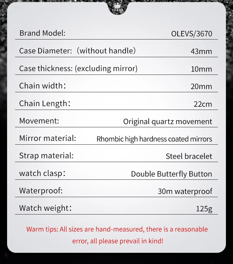 OLEVS 3670 Men's Watches Solid Steel Strap Rhombus Mirror 24Hour Moon Phase Waterproof Luminous Chronograph Quartz Watch for Men