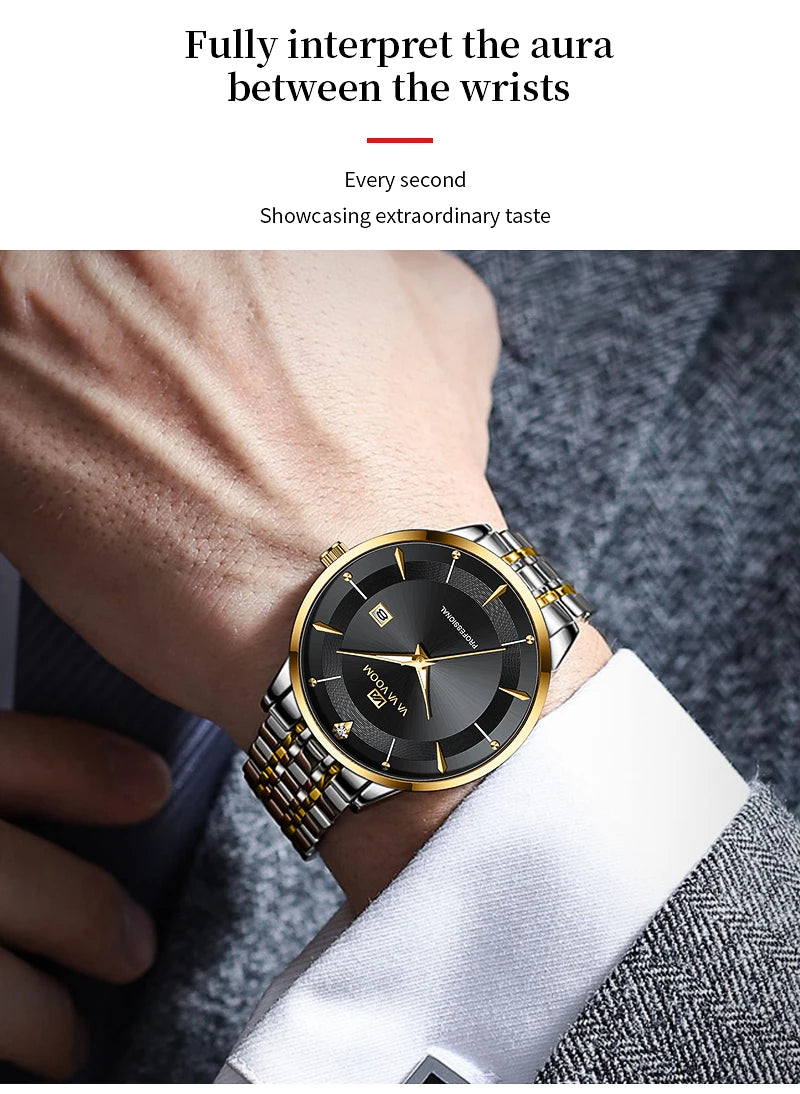 2024 New Men Watch Stainless Steel Business Style Luxury Rhinestone 43mm Blue Gold Quartz Movement Wristwatch Relogios Masculino