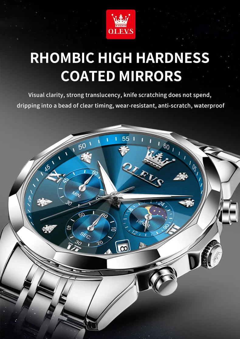 OLEVS 3670 Men's Watches Solid Steel Strap Rhombus Mirror 24Hour Moon Phase Waterproof Luminous Chronograph Quartz Watch for Men