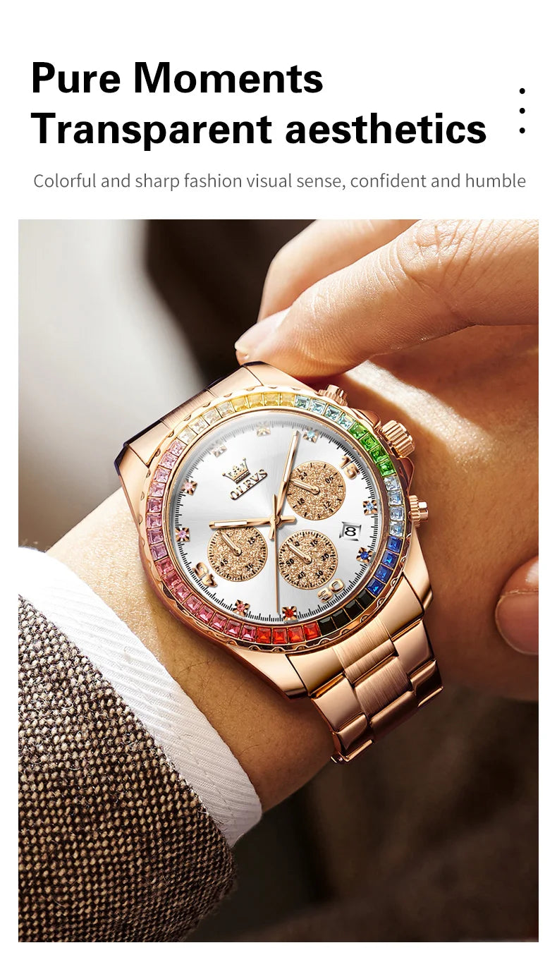 Watches For Men OLEVS Original Rainbow Gem Light Rose Gold Luxury Series Quartz Watch Waterproof Steel Strap Men's Watch New