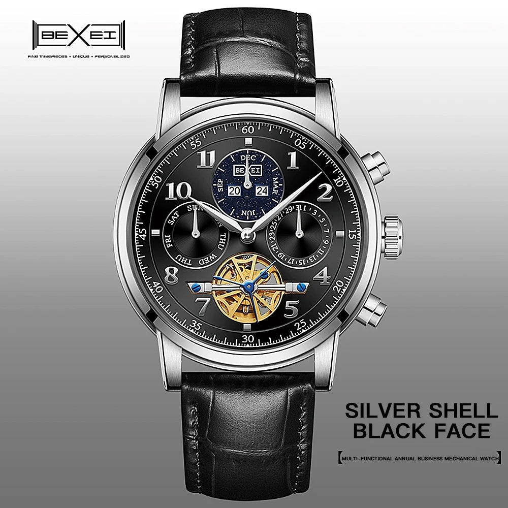 BEXEI 2025 Perpetual Calendar Automatic Watch Waterproof Mens Watches Top Brand Luxury Tourbillon Mechanical Watches for Man