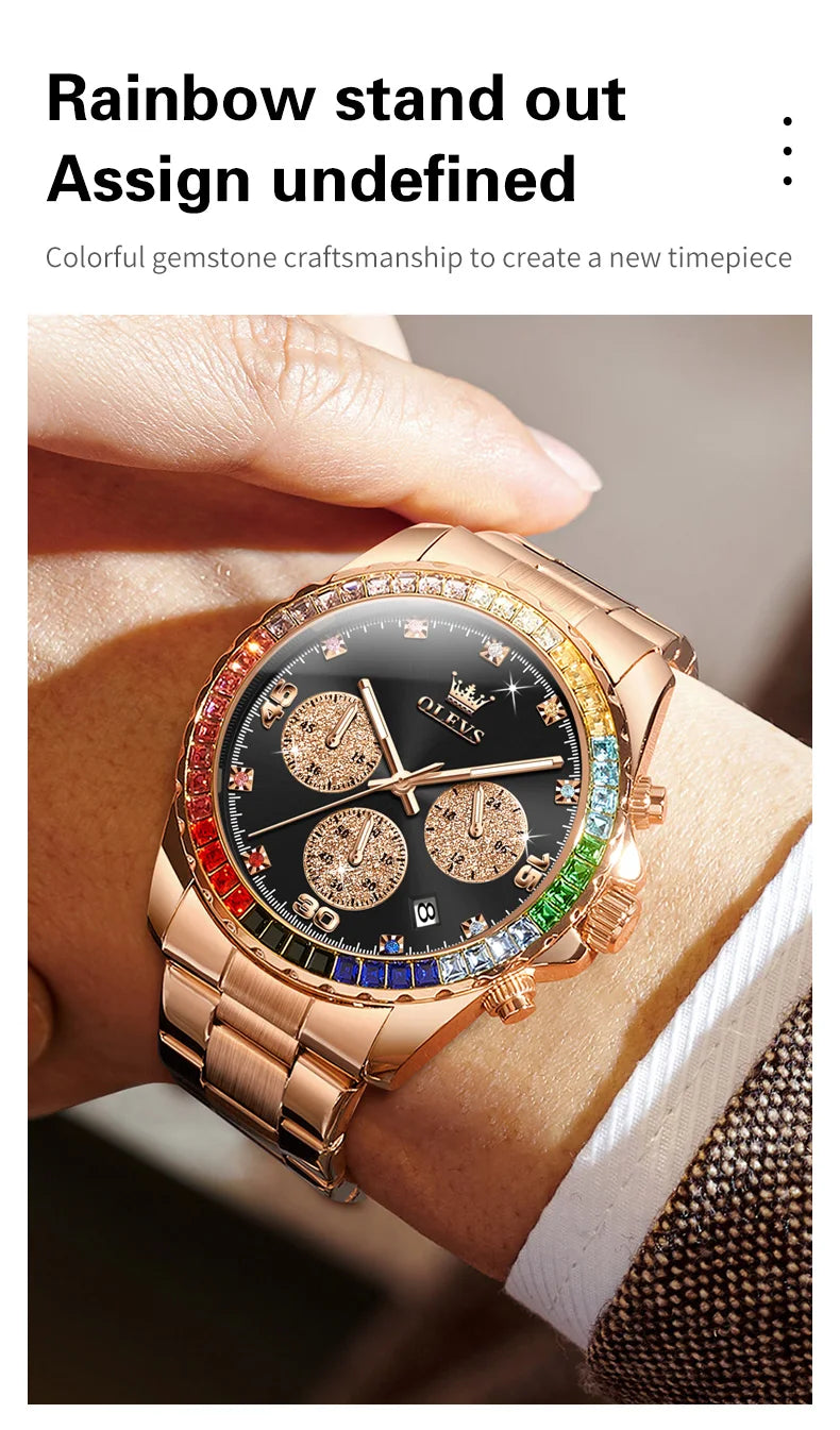 Watches For Men OLEVS Original Rainbow Gem Light Rose Gold Luxury Series Quartz Watch Waterproof Steel Strap Men's Watch New
