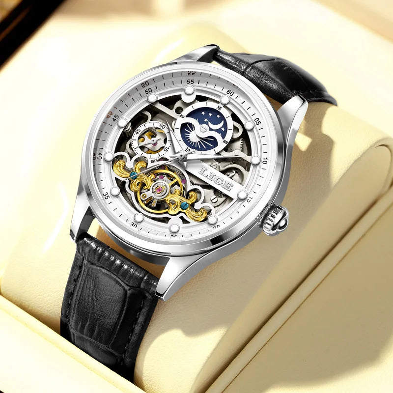 Reloj Hombre Watches Mens LIGE Top Brand Luxury Skeleton Tourbillon Automatic Mechanical Watch for Men Waterproof+Watch Box