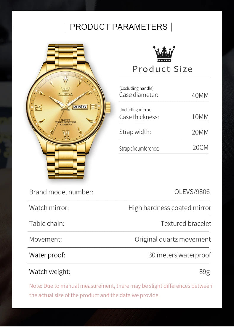 OLEVS 9806 Classic Men's Watches Roman Scale Date Week Stainless steel Business Waterproof Hand Clock