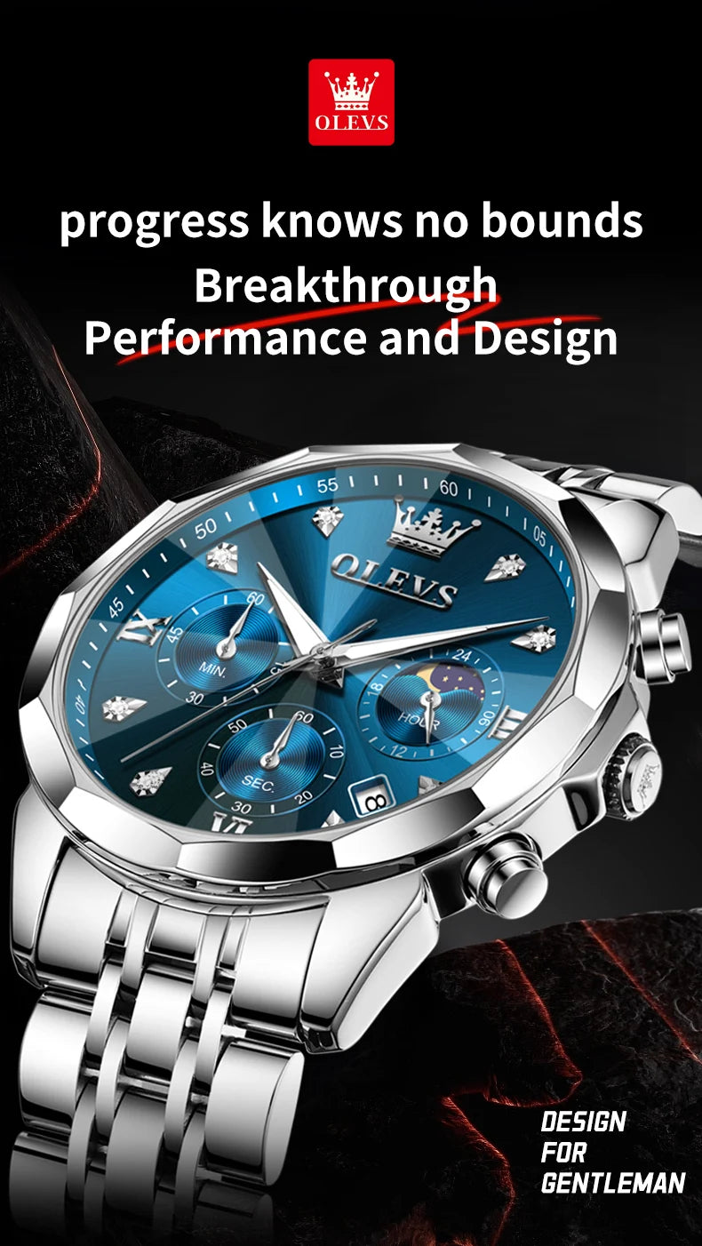 OLEVS 3670 Men's Watches Solid Steel Strap Rhombus Mirror 24Hour Moon Phase Waterproof Luminous Chronograph Quartz Watch for Men