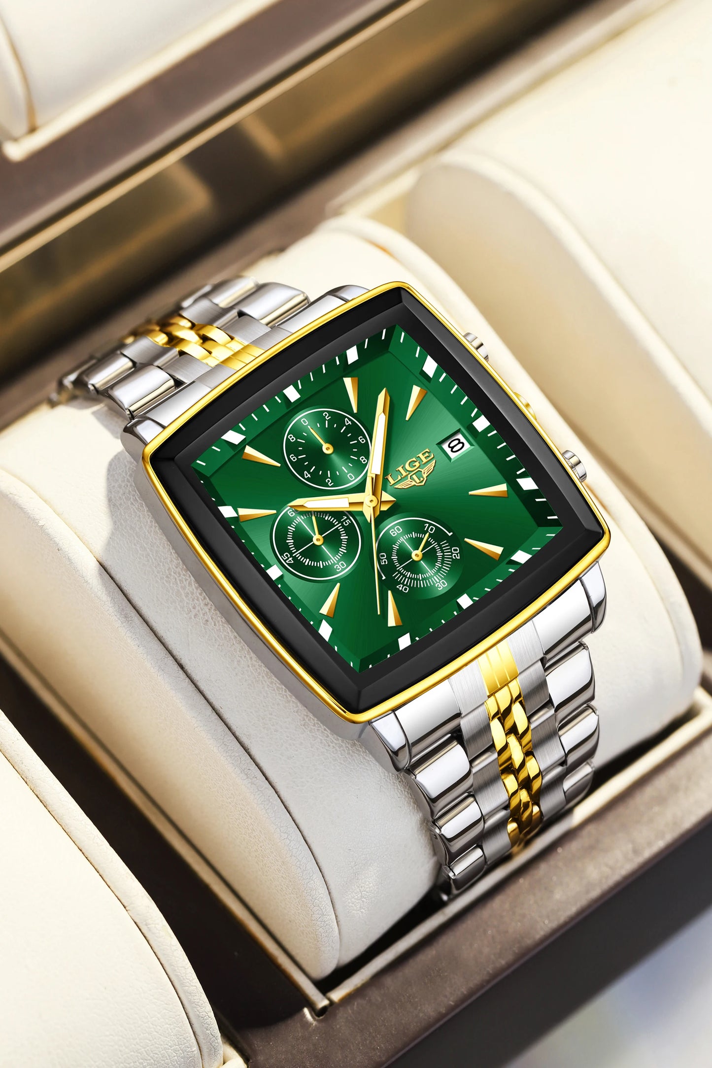 LIGE Fashion Luxury  Watches for Men Square Dial Stainless Steel Waterproof Luminous Auto Date Chronograph Quartz Man Watch+Box